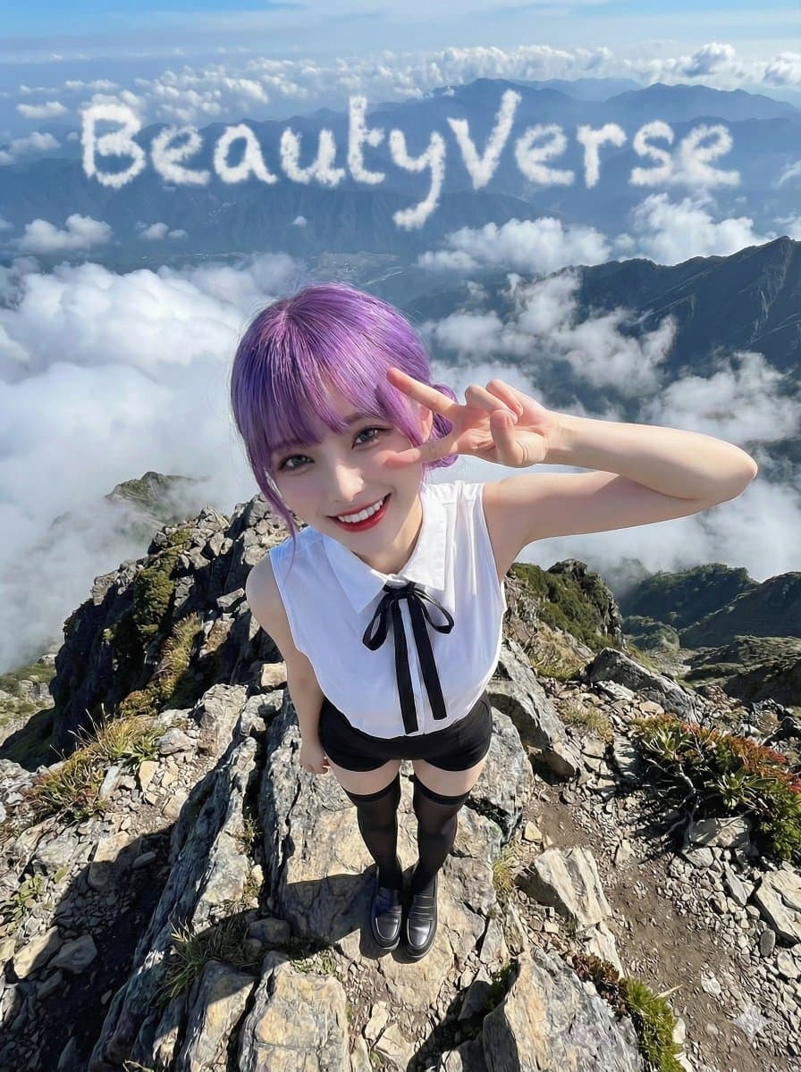 Character on a High Mountain Peak with Text in Clouds