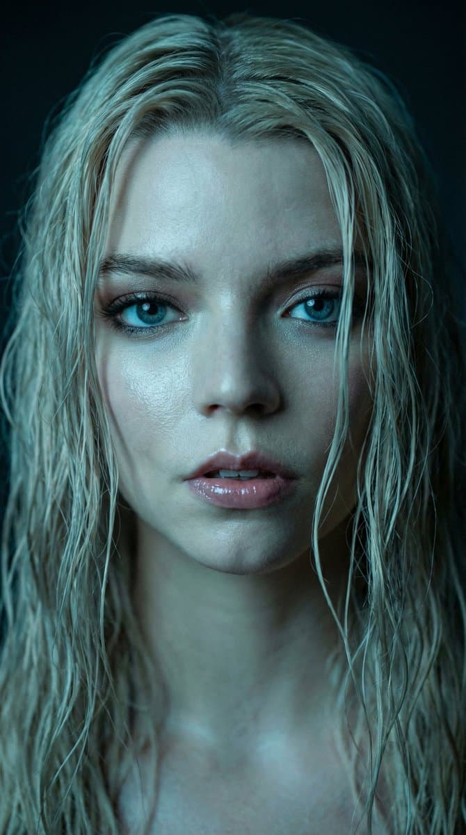 Hyper-realistic Macro Portrait of Anya Taylor-Joy with Wet Hair