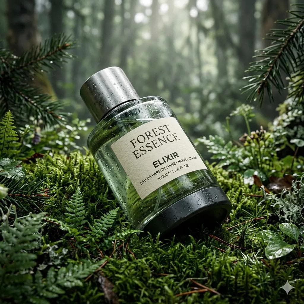 Ultra-Realistic Forest Essence Elixir Perfume Product Shot