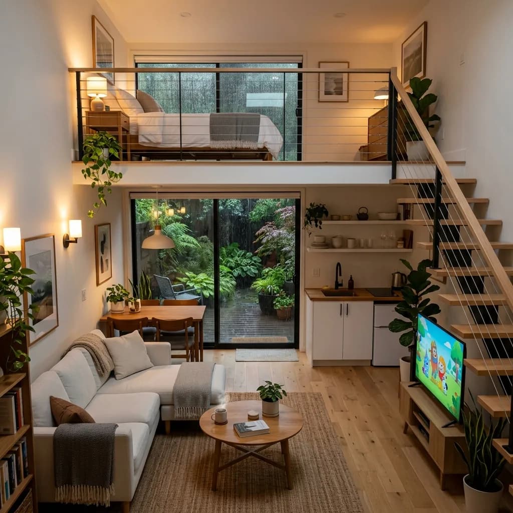 Cozy Split-Level Studio Apartment with Rainy Garden View