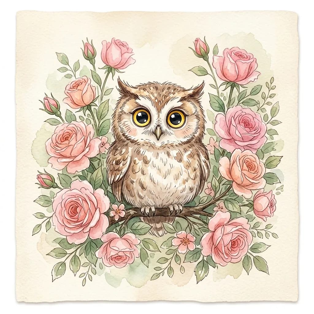 Watercolor Illustration of a Cute Owl with Pink Roses