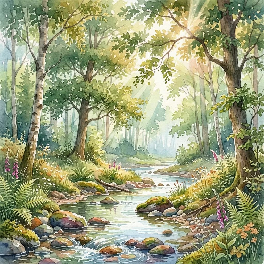 Watercolor Forest Clearing with Stream