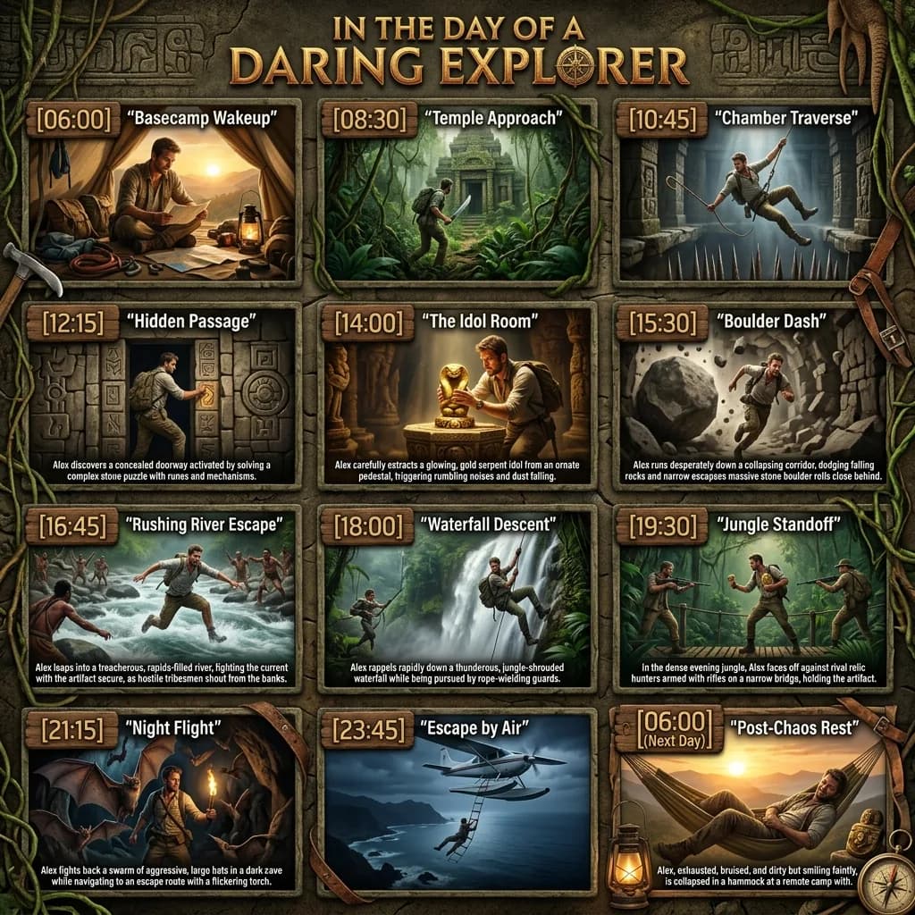 Cinematic 12-Panel Timeline of a Subject's Epic Day