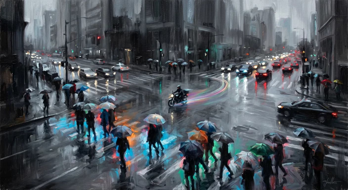 Impressionist Oil Painting of Rainy Urban Solitude