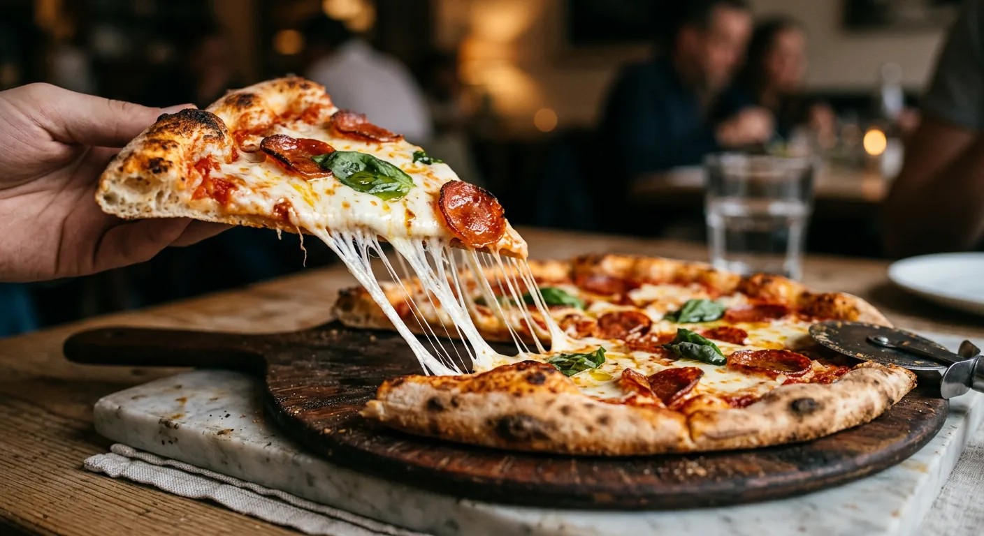 Artisan Pizza Cheese Pull Macro Shot Prompt