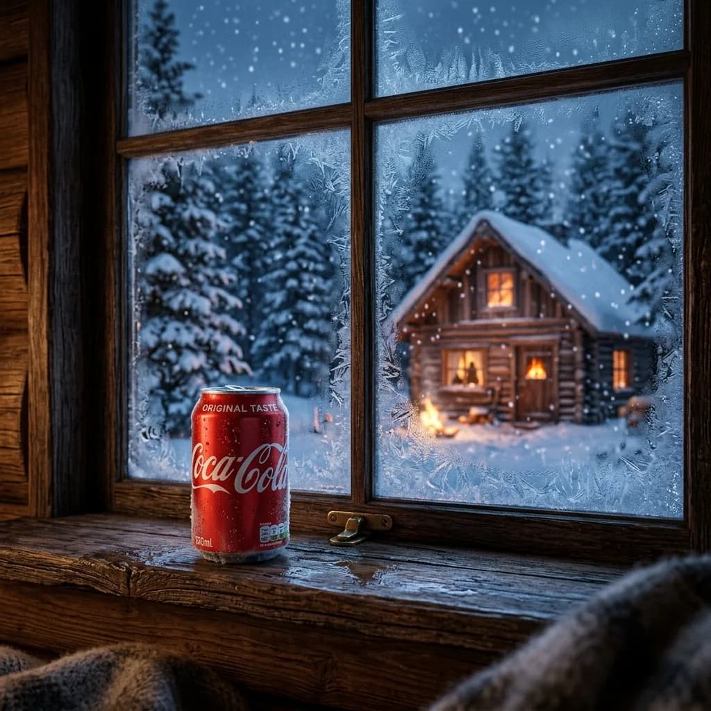 Winter Cabin Scene with Frosted Window and Coca-Cola Can